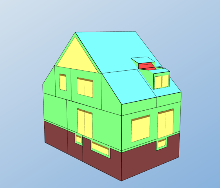 3D-Modell eines Hauses mit farblich abgesetzten Bauteilen: Das Dach ist hellblau, die obere Wandhälfte grün, die untere Wandhälfte braun. Fenster und Türen sind gelb dargestellt. Auf dem Dach befindet sich ein kleines rotes Element, vermutlich ein Dachfenster oder eine Gaube.