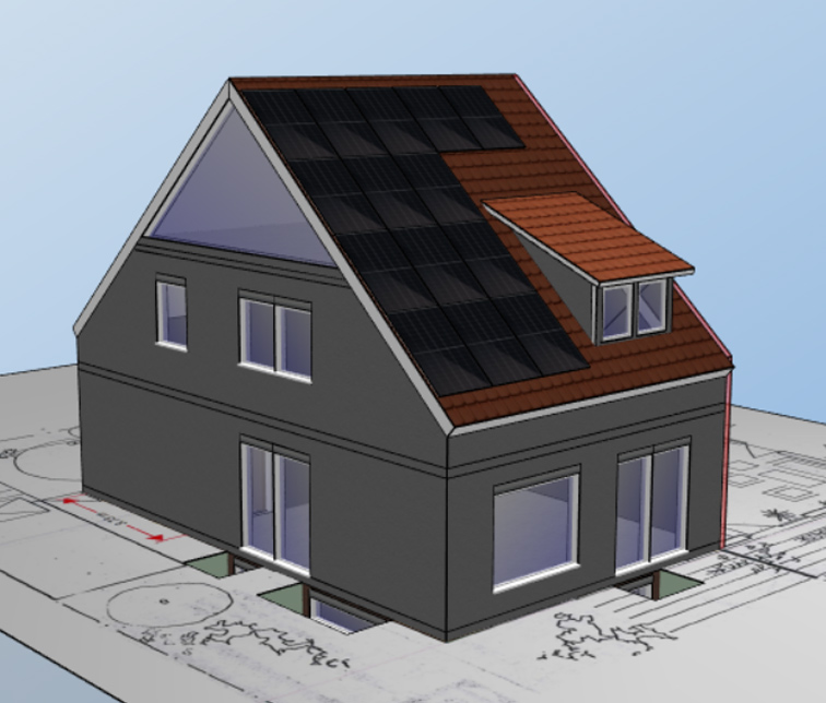 3D-Modell eines zweistöckigen Hauses mit grauen Außenwänden und einem Satteldach. Auf einer Seite des Dachs befinden sich rote Ziegel, auf der anderen Solarzellen. Ein Dachfenster ist auf der Ziegelseite sichtbar. Das Modell steht auf einem Architekturplan mit eingezeichneten Wegen, Bäumen und einer roten Messlinie mit der Beschriftung ‚2,00 m‘.